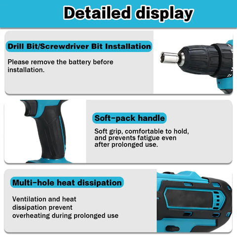 Detailed view of Top Notch Brushless Cordless Drill Set featuring soft grip handle, heat dissipation vents, and bit installation guide.