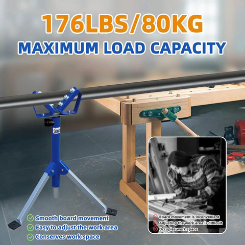 V Shaped Triangle Roller Stand For Woodworking With 176 Lbs Load Capacity in use, supporting a wood beam, heavy duty adjustable height