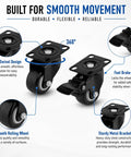 Four Piece Black Swivel Caster Wheel Set Rolls Slick And Tackles Heavy Gear With Zero Sweat Featuring Plate Mount Brackets And Two Foot Brake Locks Paired With Two Free Spinning Units For Any Shop Project, showcasing smooth rolling design.