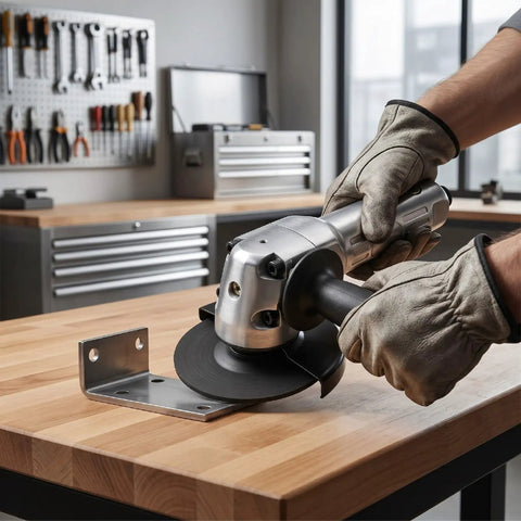 Pneumatic Angle Grinder With 5 Inch Wheel And 11000 RPM cutting metal on workbench with ergonomic handle and gloves.