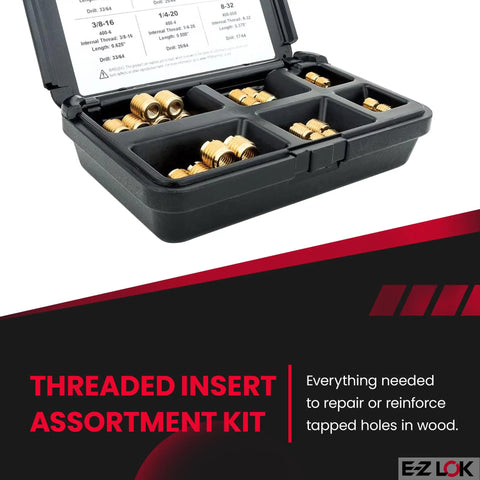 Hardwood Threaded Insert Assortment Kit With Brass Inserts 6-32 To 3/8-16 For Wood Repair And Fastening in open case