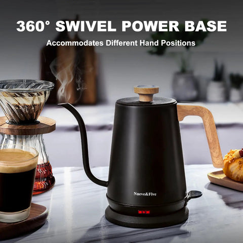 Gooseneck Electric Kettle With Built-In Thermometer, 1L Stainless Steel, 1000W Fast Boil, Auto Shut-Off, on swivel power base
