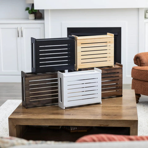 Set of Rustic Pine WiFi Router Storage Box with Wall Mount Decorative Modem Shelf Hider and Cable Management System displayed on table