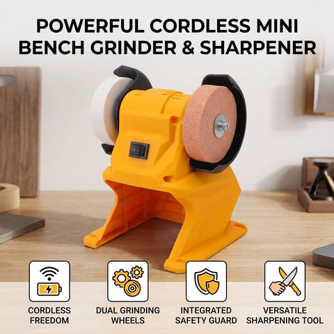 Top Shelf Mini Bench Grinder With 18V Compatible Battery For Precision Sharpening And Metal Polishing Portable Workstand, yellow grinder with dual wheels.