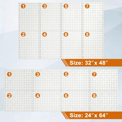 Built Tough As Nails Eight Piece Steel Pegboard Panels 16 By 12 Inch Heavy Duty Wall Storage Rack For Garage And Shop Tool Organization Includes Full Drill Anchors And Screws Kit White with size and layout details.