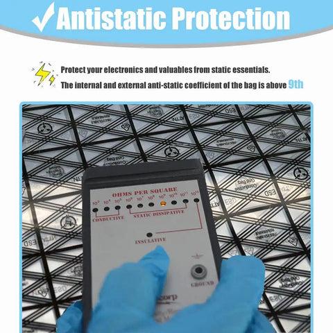 Premium Open Top ESD Antistatic Bags 12X16 Inch Aluminum Foil showing conductivity measurements for static protection.