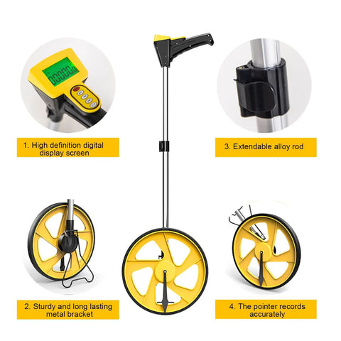 Digital Measuring Wheel With Extendable Handle And Bright Backlit LCD, smooth rolling distance tracker with alloy rod and LCD display.