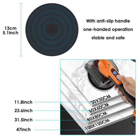 Tile Vibration Leveling Tool With Suction Cup Handheld Vibrator For Plug And Play No Fuss Install showing sizes and handle detail