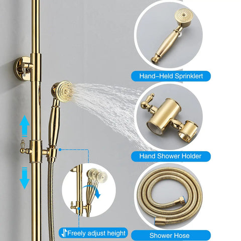 Gold Finish 8 Inch LED Light Rainfall Shower Head 3 Way Shower System With Handheld Shower And Tub Spout features overview.