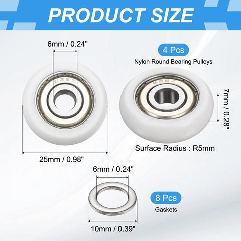 Slick Heavy Duty Nylon Track Rollers With Double Metal Sealed Ball Bearings Six Millimeter Bore 25 Millimeter Outer Diameter Four Piece Set size illustration with dimensions.