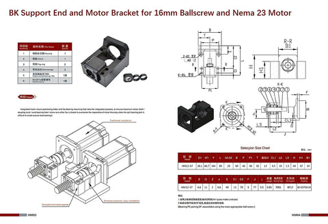 BK support end and motor bracket for 16mm ballscrew and NEMA 23 motor with dimensions and features.
