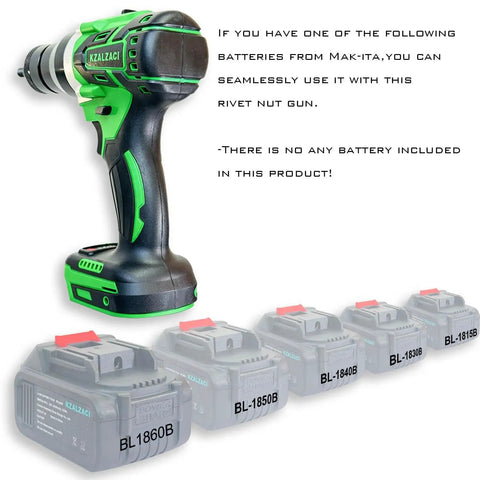 Ironclad Cordless Rivet Nut Tool Electric Rivet Gun Compatible With Makita 18V Battery showing compatibility with several Makita batteries.