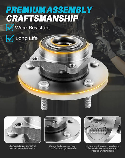 Close-up of Two Piece Front Wheel Bearing Hub Assembly Set Compatible With Dodge Journey 2009 To 2020, detailing craftsmanship and materials.