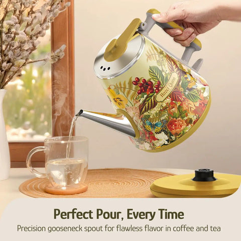 Retro 1L Electric Kettle Cordless 800W Fast Boil Double Wall 304 Stainless Steel BPA Free Auto Shut Off Compact Floral Print