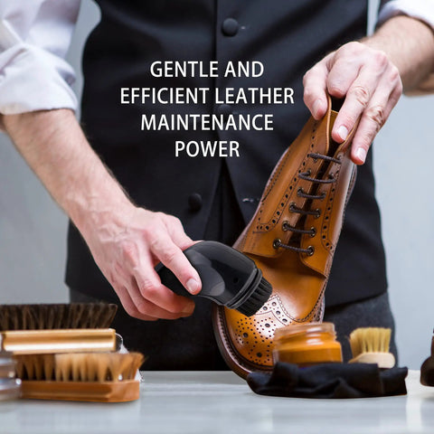 Man using Advanced Electric Shoe Cleaner And High Torque Polisher Brush on polished leather shoe for maintenance.
