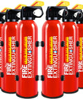 8 Pack Fire Extinguisher Spray Stop Fires Dead Class A B C K Compact Portable Rescue For Cars Trucks RV Boats Campers Marinas And Homes With Wall Mount For Kitchen Garage Ultimate Grit Shield in bright red with safety labels.