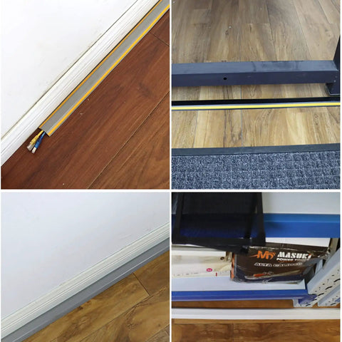 Heavy Duty Cable Management Sleeve For Cords And Wires Pro Grade Floor Protector Tubing shown on wood and carpet floors