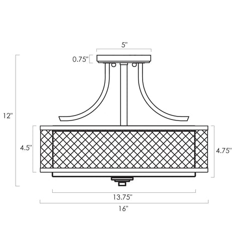 Technical diagram of Linx 16 Inch 3 Light Semi Flush Mount Ceiling Light Fixture dimensions and structure with mesh shade