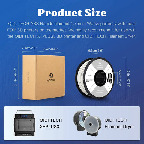 Top Grade White Abs Filament Crushes High Speed 3D Prints Smooth As Butter With A Full One Kilogram Spool showing size dimensions and packaging.