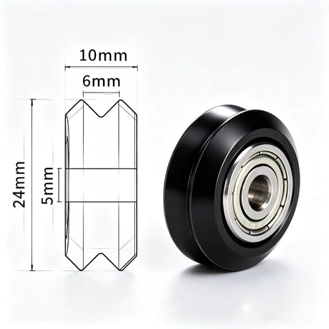 Heavy Duty V Slot Wheels 12 Pack With 625ZZ Bearings showing a 24mm wheel with 10mm width and POM material for 3D printer use.