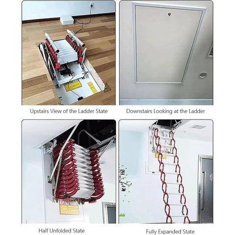 Hella Rugged Telescoping Pull Down Attic Stairs With Smooth Electric Loft Ladder, view of half unfolded state, titanium magnesium alloy.