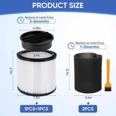 Replacement Cartridge Filter For 5 Gallon And Larger Wet Dry Vacuums with dimensions and maintenance guide shown.