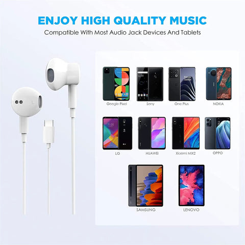Two Pack USB C Earbuds With Mic And Remote, Noise Cancelling Wired Headphones, compatible devices shown, white earbuds