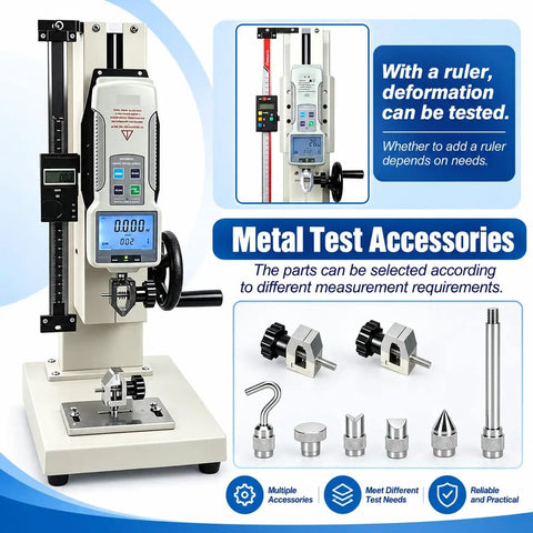 Digital Force Tester For Tension And Compression Testing Boasting Rock Solid Heavy Duty Design and precise accessory adjustments.