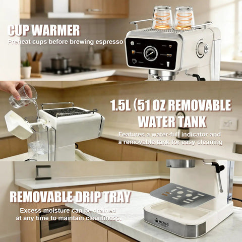 Smooth Semi Automatic Espresso Machine With 20 Bar Pressure And Built In Milk Steam Wand For Rich Crema Extraction Along With A 1.5L Removable Tank For Stress Free Daily Brewing Vibes with cup warmer and removable tank.