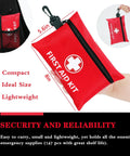 Red compact nylon mini first aid kit with zipper and carabiner clip, white cross, 147-piece set for travel.