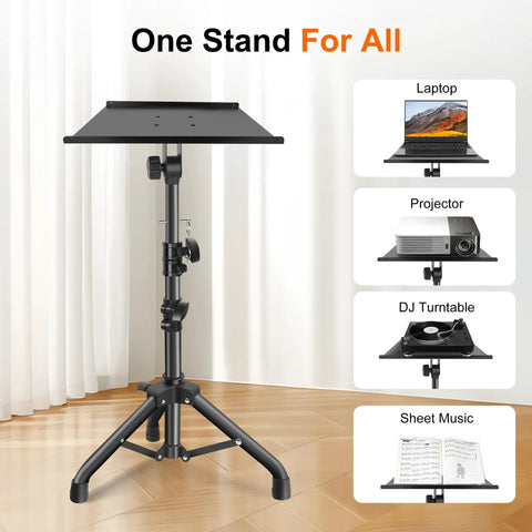 Projector And Laptop Stand Tripod Adjustable Floor Stand From 24.4 To 46 Inches For DJ Equipment Outdoor Movies Office Home Stage Or Studio Stable Triangular Base Easy Setup Heavy Duty Black shown with multiple uses