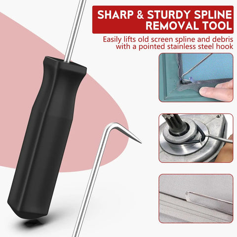Sharp stainless steel spline removal hook from Dual Head Window Screen Roller Tool Set for easy screen installation and repair.