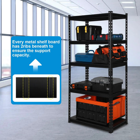 Heavy Duty Five Tier Metal Shelving Unit 1650 Pound Capacity Adjustable Layers For Garage Basement Kitchen Or Warehouse, featuring tools and storage bins.