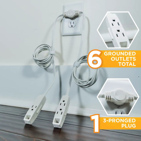 Flat Plug Sofa Power Cord With Six Outlets Total, Two Six Foot Cords, 16 Gauge Grounded Three Prong Plug, White Cable