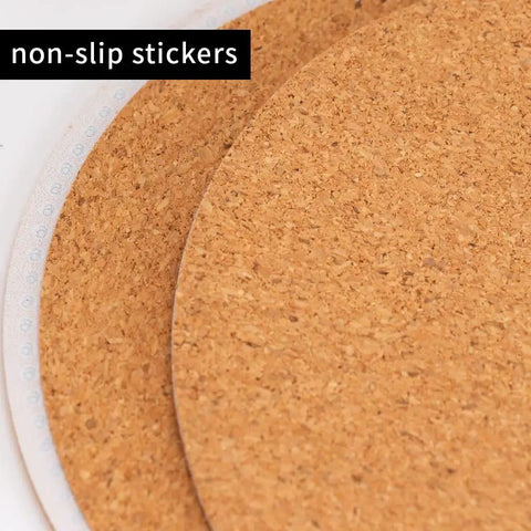 Close-up of cork pads from the Diamond Art Coaster Set With Holder For DIY Craft Lovers, 8 Teal Marble Coasters With Cork Pads.