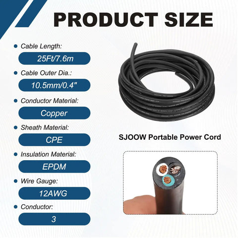 No-Nonsense 25 Ft SJOOW Portable Power Cord, 12 AWG 3-Conductor, copper, CPE, EPDM materials, compactly coiled.