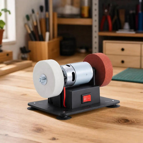 Pro Grade Dual Wheel Electric Bench Grinder on a wooden table with white and red grinding wheels, heavy duty design.