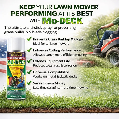 Nonstick Lawn Mower Deck Spray With Pressurized Can To Deter Grass Clipping Buildup And Easy Release Reduces Clumping Protects Mower Deck From Breakdowns Metal Safe Spray On 11 Oz displayed with lawn mower
