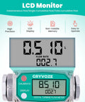 One Inch Inline Water And Fuel Flow Meter With Swivel 360 Connector For 2.6 To 26 GPM NPT Thread Aluminum Alloy Body High Precision Plus Or Minus One Percent For Diesel Gas Oil Gasoline Kerosene Methanol E15 with LCD monitor.