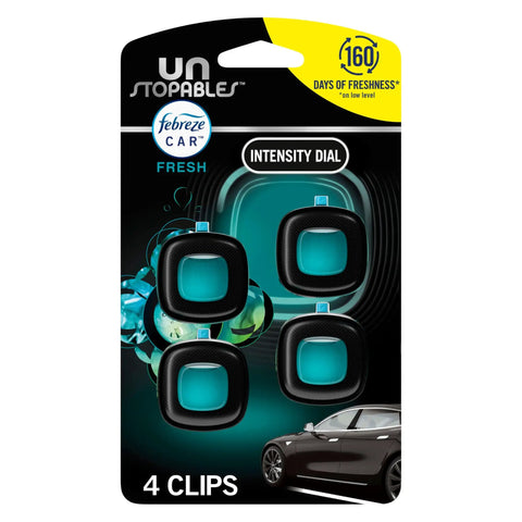 Smart Car Vent Freshener Long Lasting Odor Erasing Clip Set Intensity Low Or High Unstopables Crispy Road Ready Scent four pack in packaging.