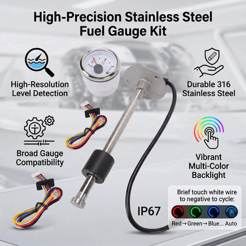 Heavy Duty Fuel Sender Unit And Gauge Kit With 240 To 33 Ohm Wiring For Boat Truck Rv And Yacht Featuring IP67 Sealed SUS316 Stainless Build And A Slick White Dial Silver Bezel Serving Up Dead Nuts Accuracy On Every Ride, showcasing high-resolution sensors.