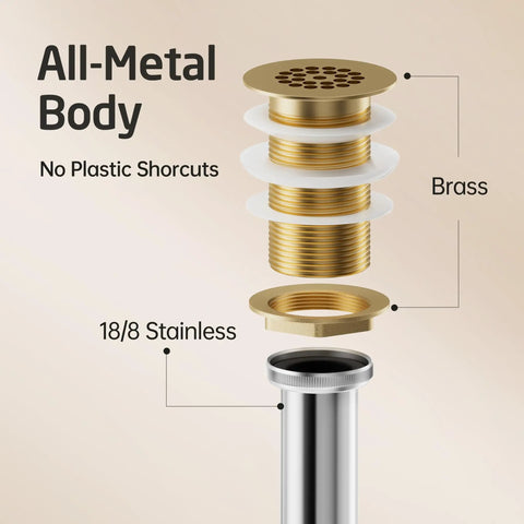 Top Tier Solid Brass Bathroom Sink Grid Drain disassembled showing all-metal body, brass, and 18/8 stainless components.
