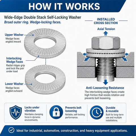 Diagram of Heavy Duty Double Layer Self Locking Belleville Washers showing installation and anti-loosening features for trucks and equipment.