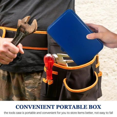 Person holding a wrench and placing a blue Darn Tough Steel Toolbox With Lock For Trunk Storage in a tool belt.