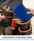 Heavy Duty Metal Tool Box Portable Mechanic Storage Chest For Car Trunk Workbench Organizer set in handyman's tool belt.