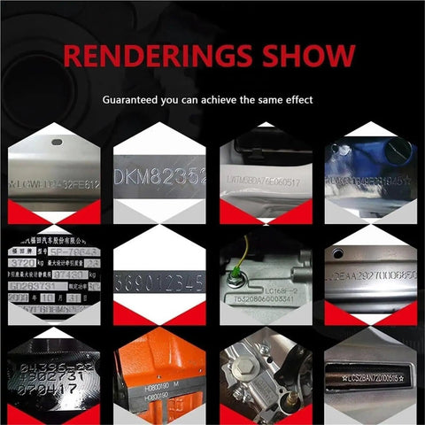 Samples of metal engravings made with the Portable Pneumatic Dot Peen Marking Machine Grease Monkey Approved Handheld Metal Engraving Tool.