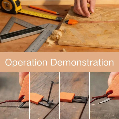 One-Handed Chalk Line Hook Tool For Quick Carpentry And Drywall Fixes in use on wood surface with steel pin anchor