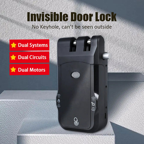 Hella Reliable Dual Motor Smart Lock With Remote Control Deadbolt And Seamless Backup System For Zero Drama Room Security And Slick Keyless Entry Access black invisible door lock with dual motors and remote access, no visible keyhole.