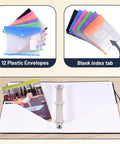 Important Document Organizer Linen Binder With 12 Expanding Pockets open showing 3-ring binder and colorful plastic envelopes
