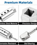 Heavy Duty Trailer Jack Drill Adapter For 1 Inch Cordless Shafts And Half Inch Square Drive Rust Proof Stainless Build close-up showing stainless steel material and precision design.